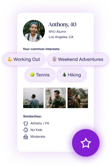 A profile highlighting shared interests like fitness, weekend trips, tennis, and hiking